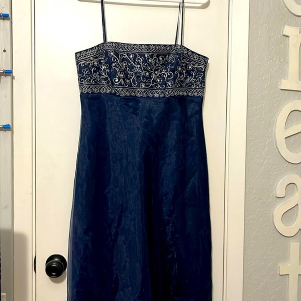 Michaelangelo Navy Blue Dress with Silver Embroidery